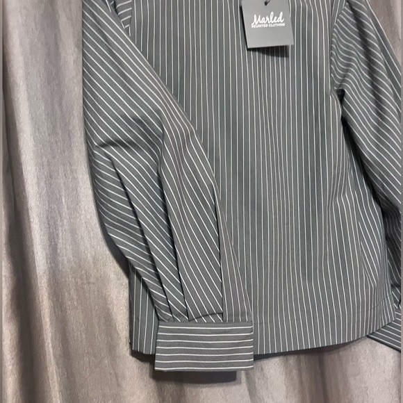 Marled Reunited Blouse Size Med Gray with White Stripes Cuffed Wrists Blouse NEW - Picture 9 of 13